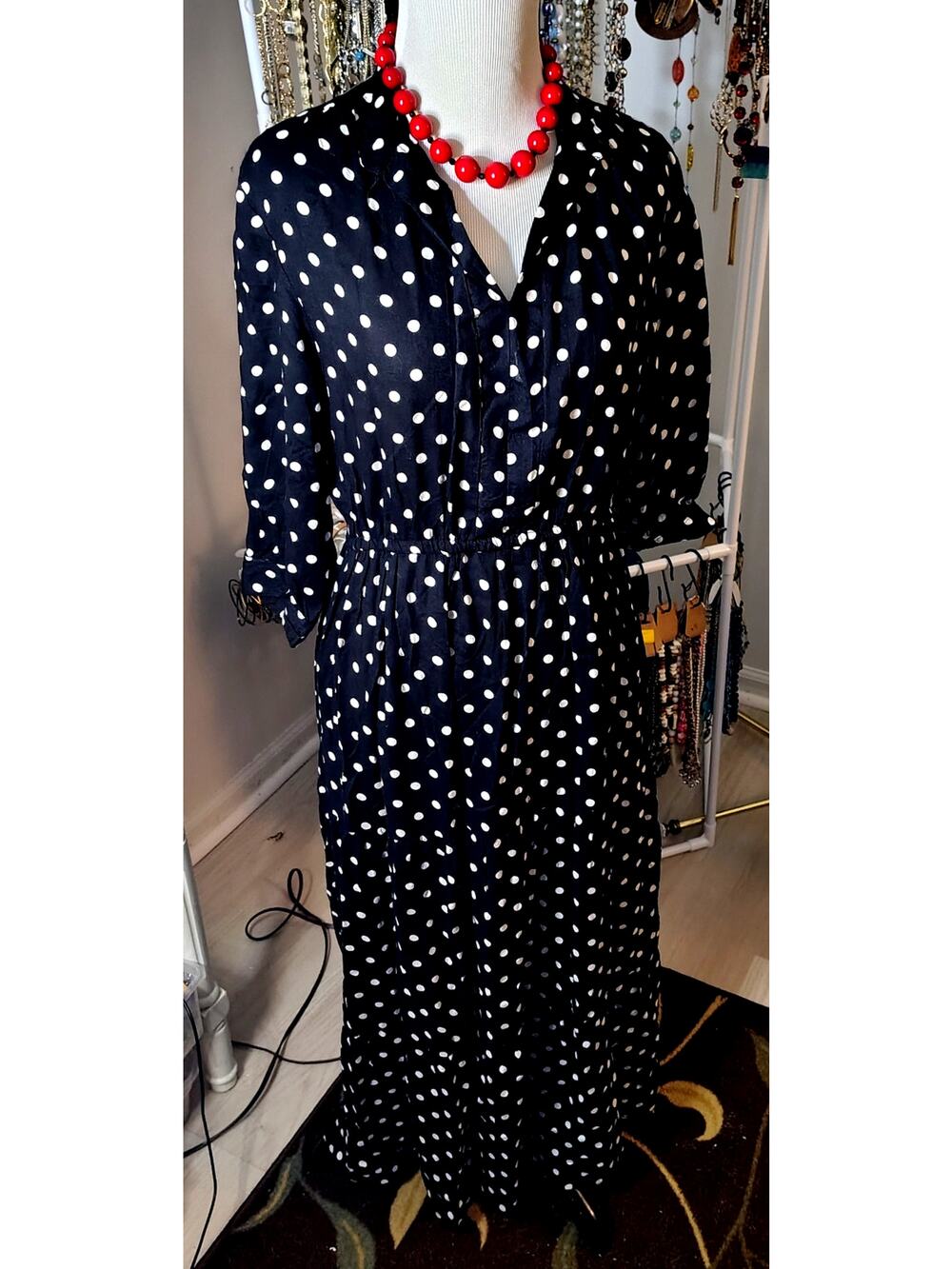 RETRO POLKA DOT DRESS WITH AMAZING CHERRY RED BEADED NECKLACE